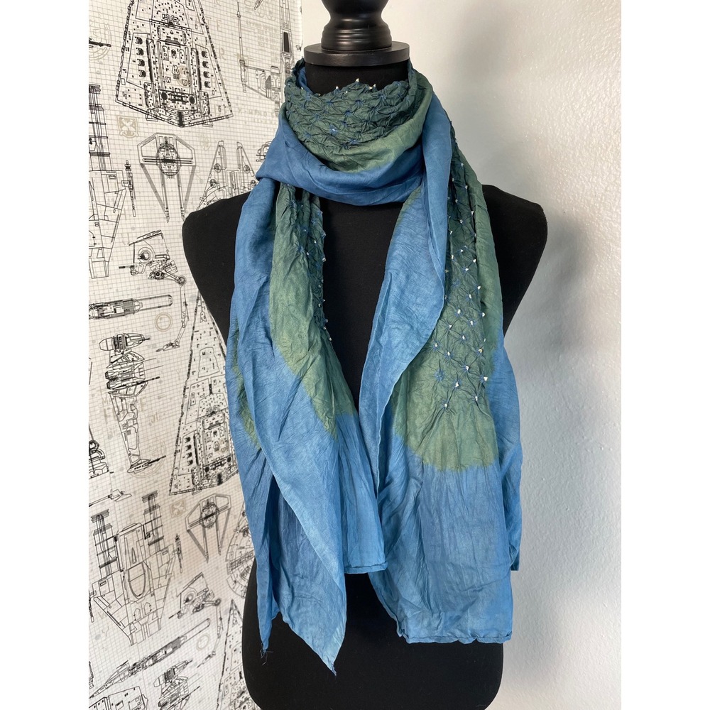 Bandhani Tie Dye Scarf Blue Green Smocked Beaded OS‎ Wrap